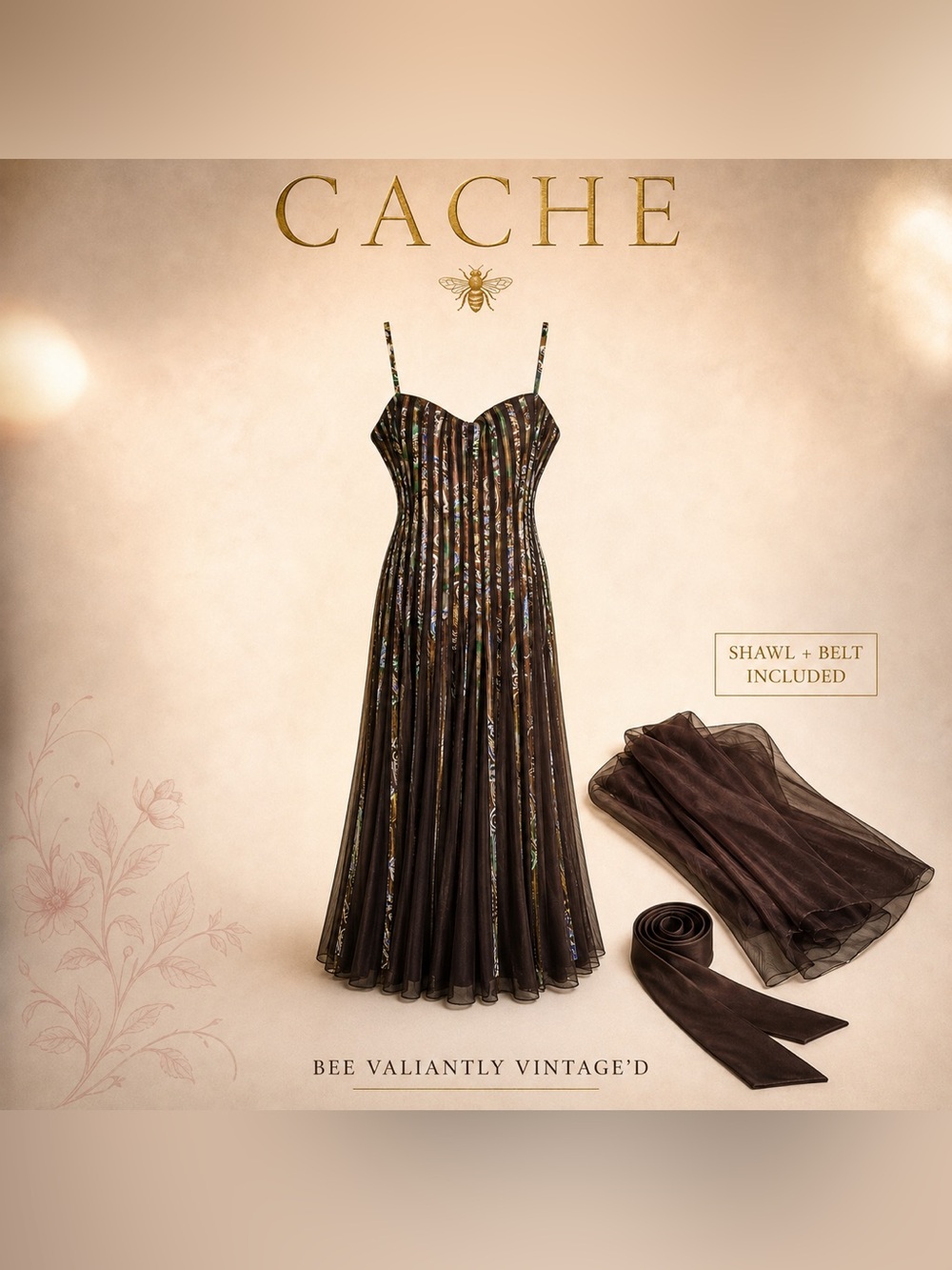 Vintage Cache 3-Piece Brown Maxi Dress Shawl Belt Y2K Formal